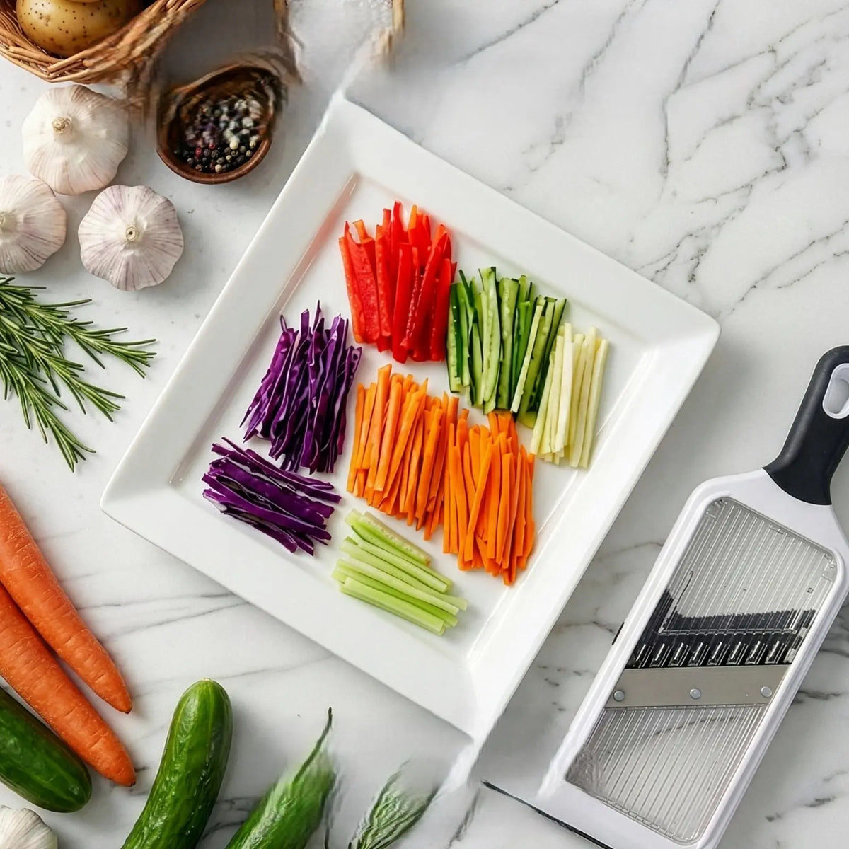 Fullstar Handheld Mandoline Slicer, Adjustable Vegetable Slicer with 4 Thickness Settings, Julienne Blade & Safety Guard
