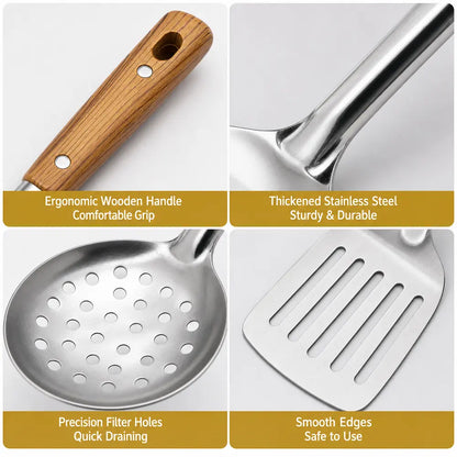 4 Packs Wok Utensils Set Stainless Steel Wok Spatula Ladle Soup with Holes Strainer Slotted Spoon for Kitchen Supplies Metal Cooking Utensils
