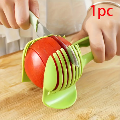 Green Multi-functional Vegetable and Fruit Slicer, Food-Grade Plastic Handheld Kitchen Tool, Suitable for Lemons and Tomatoes, Ergonomic Design, Easy to Use at Home or in Restaurants