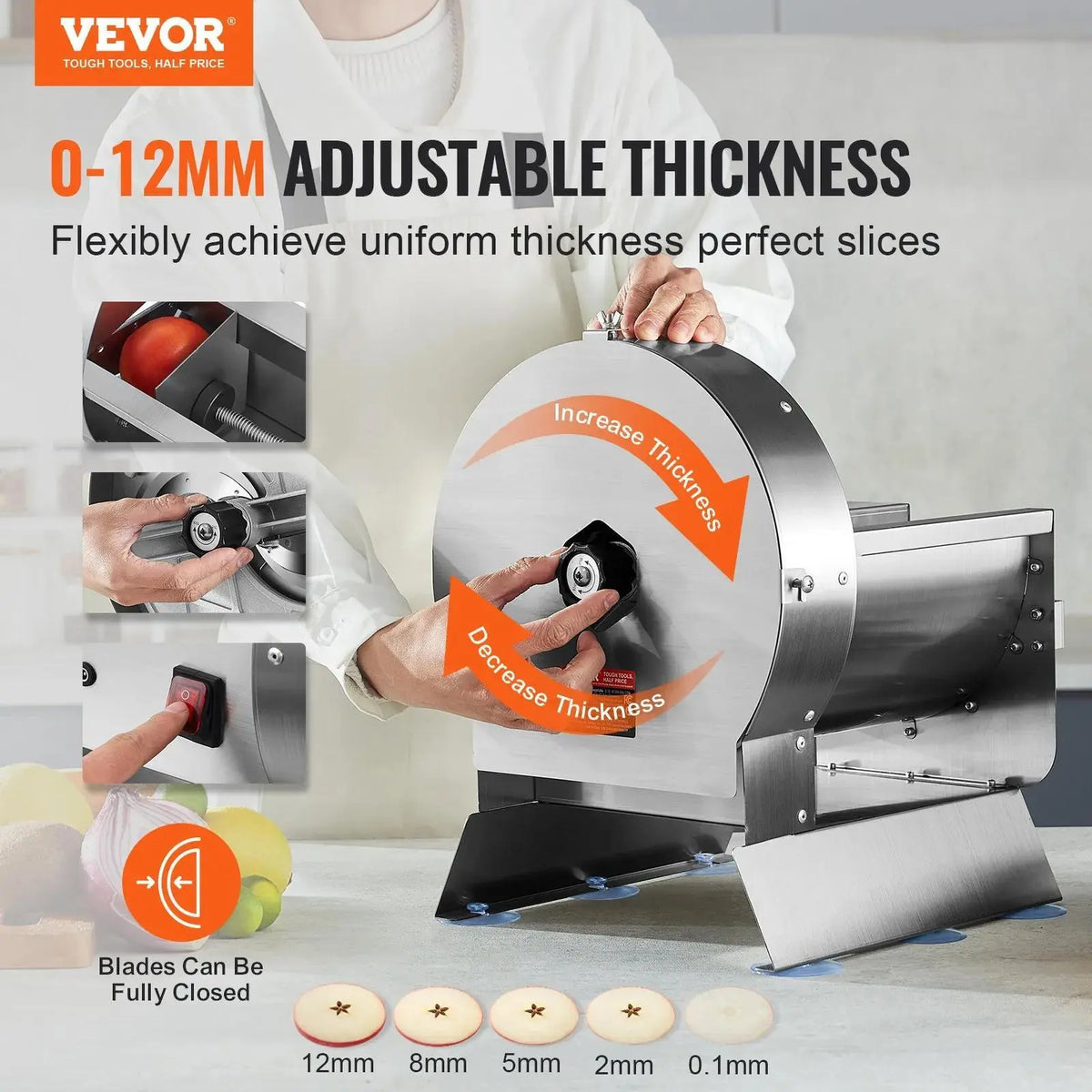 【Back to School】VEVOR Electric Vegetable Slicer - Kitchen Accessories, Dual Modes (Electric/Manual), 0-0.5in/0-12mm Accurate Thickness Adjustable, Stainless Steel, for Hotels, Slice Fruits/Vegs