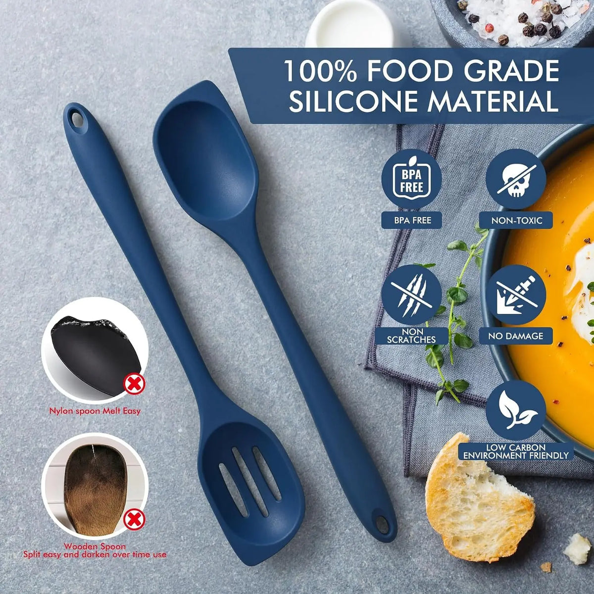 446°F Heat Resistant  Cooking Spoon Spatula,  Large Kitchen Solid and Slotted Spoons for Mixing, Serving, Scraping, Non-stick, Dishwasher Safe Classic Blue 12.5inch