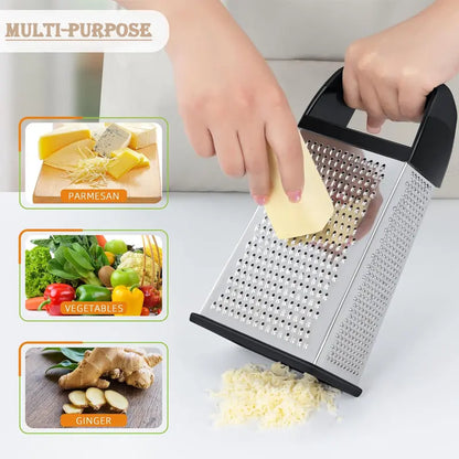 Stainless Steel 4-Sided Grater - 4-in-1 Multi-Purpose Kitchen Gadgets with Container, Lid, Detachable Handles, Anti-Slip Base, Dishwasher Safe Grater Blade for Healthy Meal Prep (Black Friday Deal) | Slicer, Vegetable Cutter
