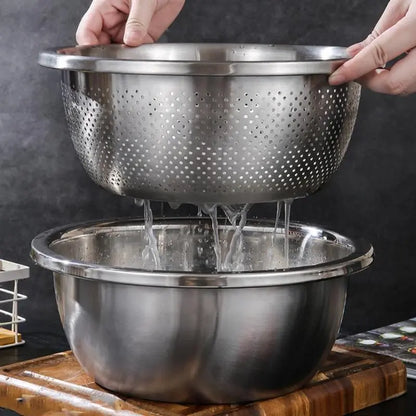 【Homeessentials】 Multifunctional cutting machine,3-In-1 Stainless Steel Multi-Functional Strainer Set, Includes Basin/sieve/cutter, Ideal for Washing Rice Fruits Vegetables Kitchen Essentials.,sohochic