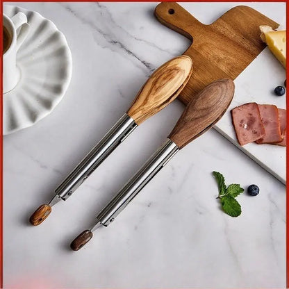 Round Shape Kitchen Utensils 2-Pack 9-in Cooking Tongs - Walnut Wood Handles, Ergonomic Concave Grip, Stainless Steel Reinforced Jaws, Split Power Design, Non-Toxic Thick Specialty Kitchen Utensils, Hanging Supplies for BBQ, Less Hand Fatigue