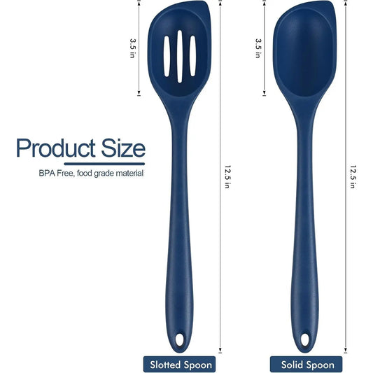 446°F Heat Resistant  Cooking Spoon Spatula,  Large Kitchen Solid and Slotted Spoons for Mixing, Serving, Scraping, Non-stick, Dishwasher Safe Classic Blue 12.5inch