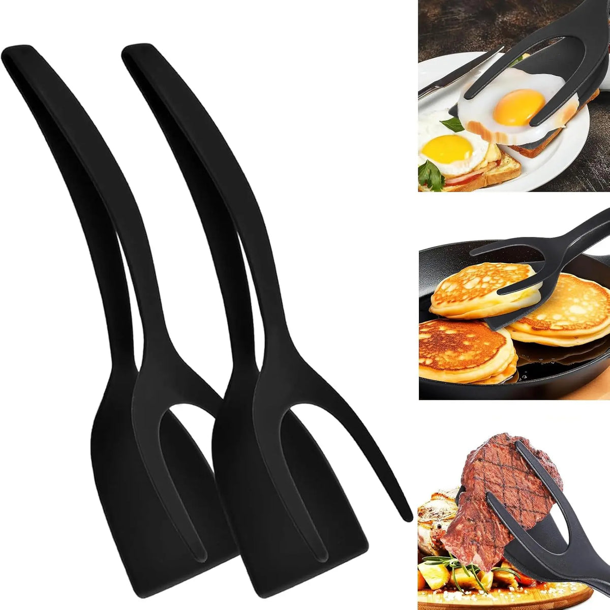 BRODARK 2-in-1 100% Silicone Nonstick Spatula & Turner Tongs with Handle - Food Grade Cooking Tools, Modern Kitchen Utensils, Multi Purpose Kitchen Cookware Accessories, Sturdy, Scratch-Resistant for Flipping Eggs, Steaks