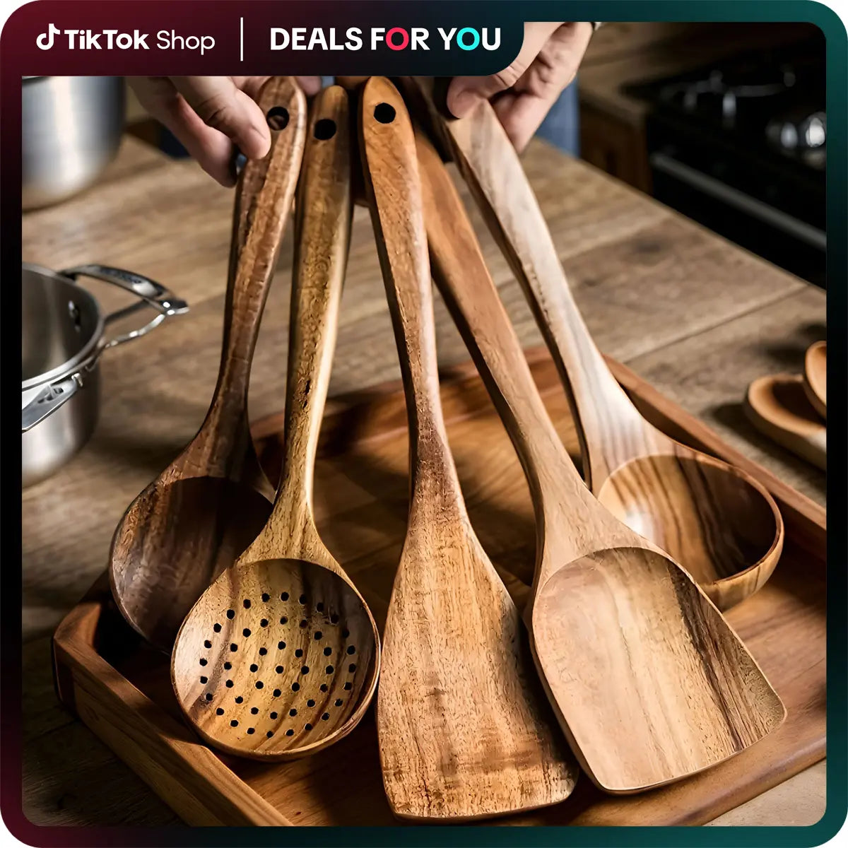 Premium Wooden Kitchen Utensils Bundle Set Spatulas & Turners (5-10Piece) - Ergonomic Handles, Natural Eco-Friendly, Heat-Resistant, Durable, Easy-to-Clean for Non-Stick Pans, Stirring, Pancake Flip Ease, Kitchen Decor