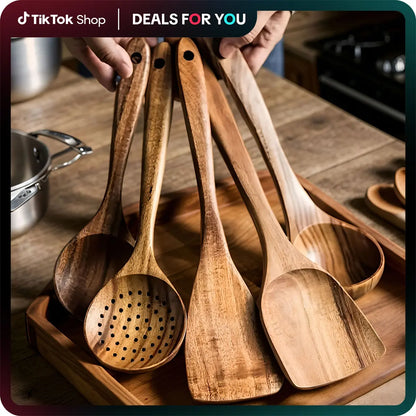 Premium Wooden Kitchen Utensils Bundle Set Spatulas & Turners (5-10Piece) - Ergonomic Handles, Natural Eco-Friendly, Heat-Resistant, Durable, Easy-to-Clean for Non-Stick Pans, Stirring, Pancake Flip Ease, Kitchen Decor