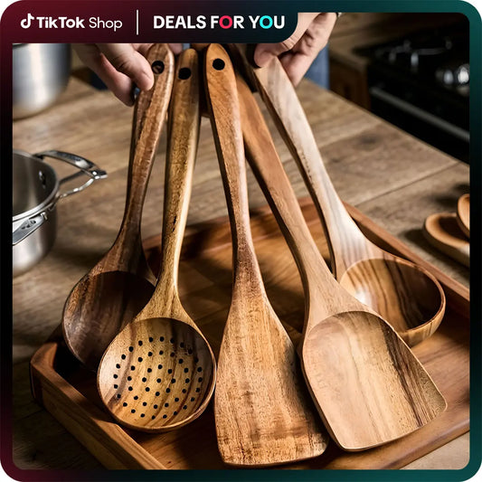 Premium Wooden Kitchen Utensils Bundle Set Spatulas & Turners (5-10Piece) - Ergonomic Handles, Natural Eco-Friendly, Heat-Resistant, Durable, Easy-to-Clean for Non-Stick Pans, Stirring, Pancake Flip Ease, Kitchen Decor