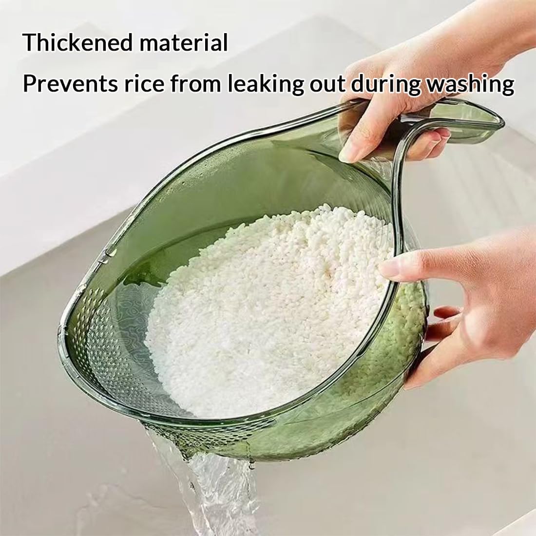 Rice Washer Strainer Bowl with Fine Side Drain Holes, Long Handle Clear Rice Rinsing Basket for Rice, Quinoa, Lentils, Beans, Fruit and Vegetables, 10.2 x 7.5 in, Bonus Cleaning Sponge