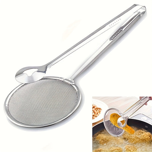 Stainless Steel Kitchen Tongs with a Built-in Strainer Design, Offering Versatile Frying Food Filtration Functionality. This High-temperature Heat-resistant Cooking Tool Is Suitable for Oil Separation and Food Serving. Usable in All 4 Seasons