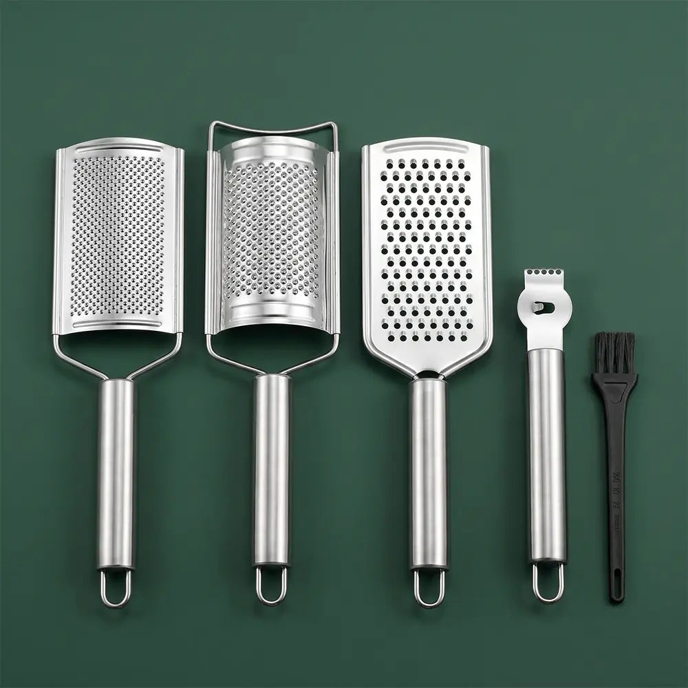 Stainless Steel 5-Piece High-Polish Rust-Resistant Multi-Use Cheese Grater Set - Smooth Modern Cooking Utensils Including Grater, Peeler, Slicer, Lemon Zester, Cleaning Brush for Cabbage, Vegetable Prep,sohochic