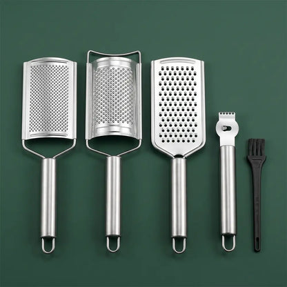 Stainless Steel 5-Piece High-Polish Rust-Resistant Multi-Use Cheese Grater Set - Smooth Modern Cooking Utensils Including Grater, Peeler, Slicer, Lemon Zester, Cleaning Brush for Cabbage, Vegetable Prep,sohochic