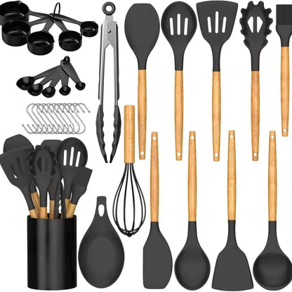 [New Deal] 33 PCS Non-Stick Silicone Kitchen Utensils Set with Wooden Handles & Holder – Versatile Cooking Tools for Pasta, Spatulas & More Cookware  Sturdy, Nonstick Cooking Spoon
