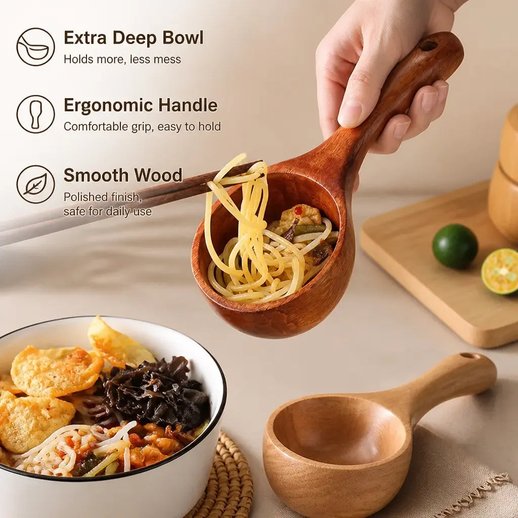 2-Count Solid Wood Soup Ladle Kitchen Utensil Set, Cooking Tool Spoon with Smooth Surface, Natural Grain, Large Deep Bowl & Hanging Hole for Noodles, Daily Dining Use