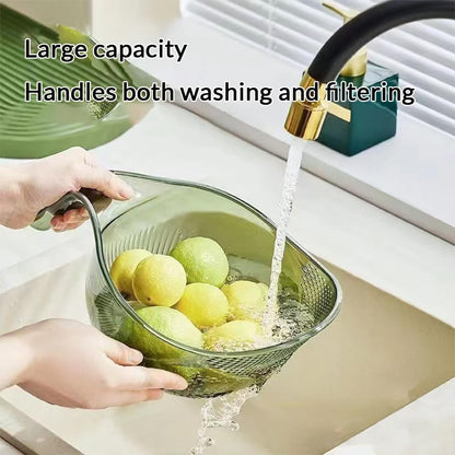 Rice Washer Strainer Bowl with Fine Side Drain Holes, Long Handle Clear Rice Rinsing Basket for Rice, Quinoa, Lentils, Beans, Fruit and Vegetables, 10.2 x 7.5 in, Bonus Cleaning Sponge