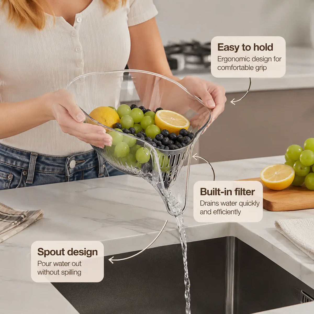 1-Count Transparent Drain Colander Basket - Kitchen Strainer Utensils with Pour Spout, Stable Flat Base, Holes for Washing Fruits, Making Salad - Essential Kitchen Supplies,sohochic