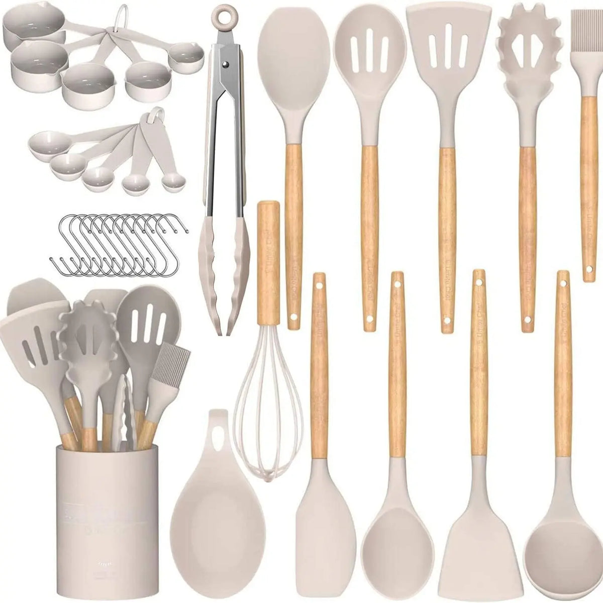 [New Deal] 33 PCS Non-Stick Silicone Kitchen Utensils Set with Wooden Handles & Holder – Versatile Cooking Tools for Pasta, Spatulas & More Cookware  Sturdy, Nonstick Cooking Spoon