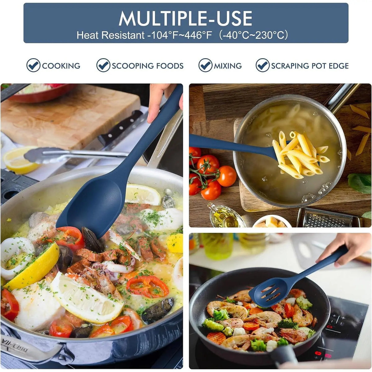 446°F Heat Resistant  Cooking Spoon Spatula,  Large Kitchen Solid and Slotted Spoons for Mixing, Serving, Scraping, Non-stick, Dishwasher Safe Classic Blue 12.5inch