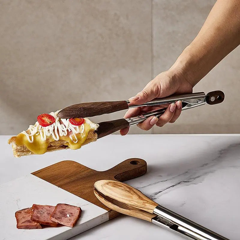 Round Shape Kitchen Utensils 2-Pack 9-in Cooking Tongs - Walnut Wood Handles, Ergonomic Concave Grip, Stainless Steel Reinforced Jaws, Split Power Design, Non-Toxic Thick Specialty Kitchen Utensils, Hanging Supplies for BBQ, Less Hand Fatigue