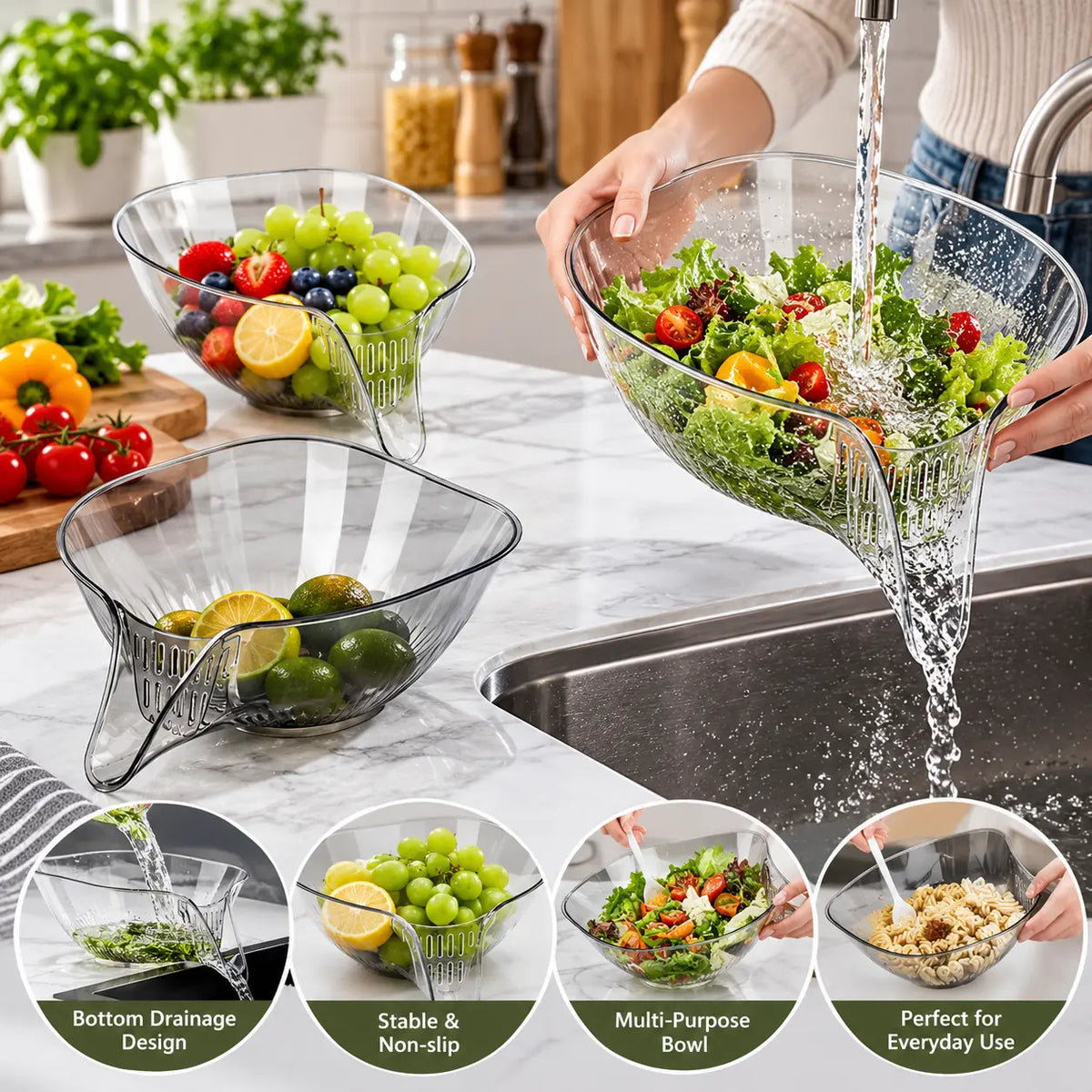 1-Count Transparent Drain Colander Basket - Kitchen Strainer Utensils with Pour Spout, Stable Flat Base, Holes for Washing Fruits, Making Salad - Essential Kitchen Supplies,sohochic