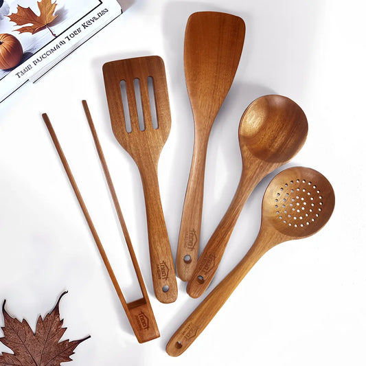 5pcs Durable Kitchen Utensils Set - Multi-Tools with Ergonomic Wooden Handle, Heat-Resistant Non-Stick Spatula & Ladle, Food Grade, Dishwasher Safe, Easy to Clean, Essential Kitchen Must-Have, Ideal Holiday Gifts
