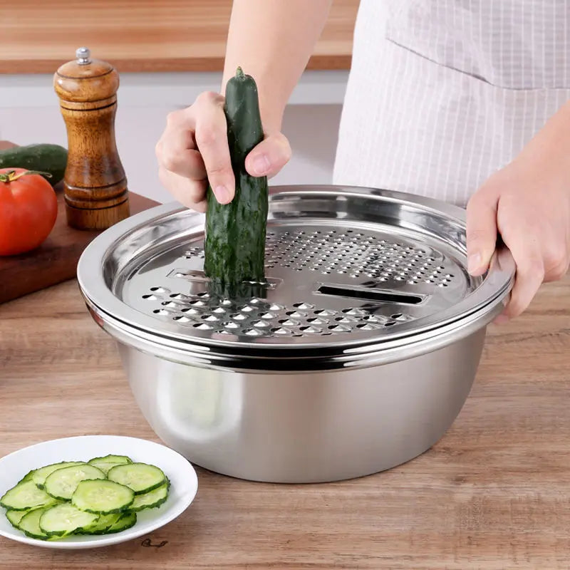 3PCS Sturdy Multi-Functional Thick Stainless Steel Bowls with Strainer Basket - Kitchen Utensils, Food Colander Kitchenware, Filtration Basket, Space-Saving Nesting, Dishwasher Safe, Rust-Proof Essential Set (for Veggie Washing, Rice Rinsing)