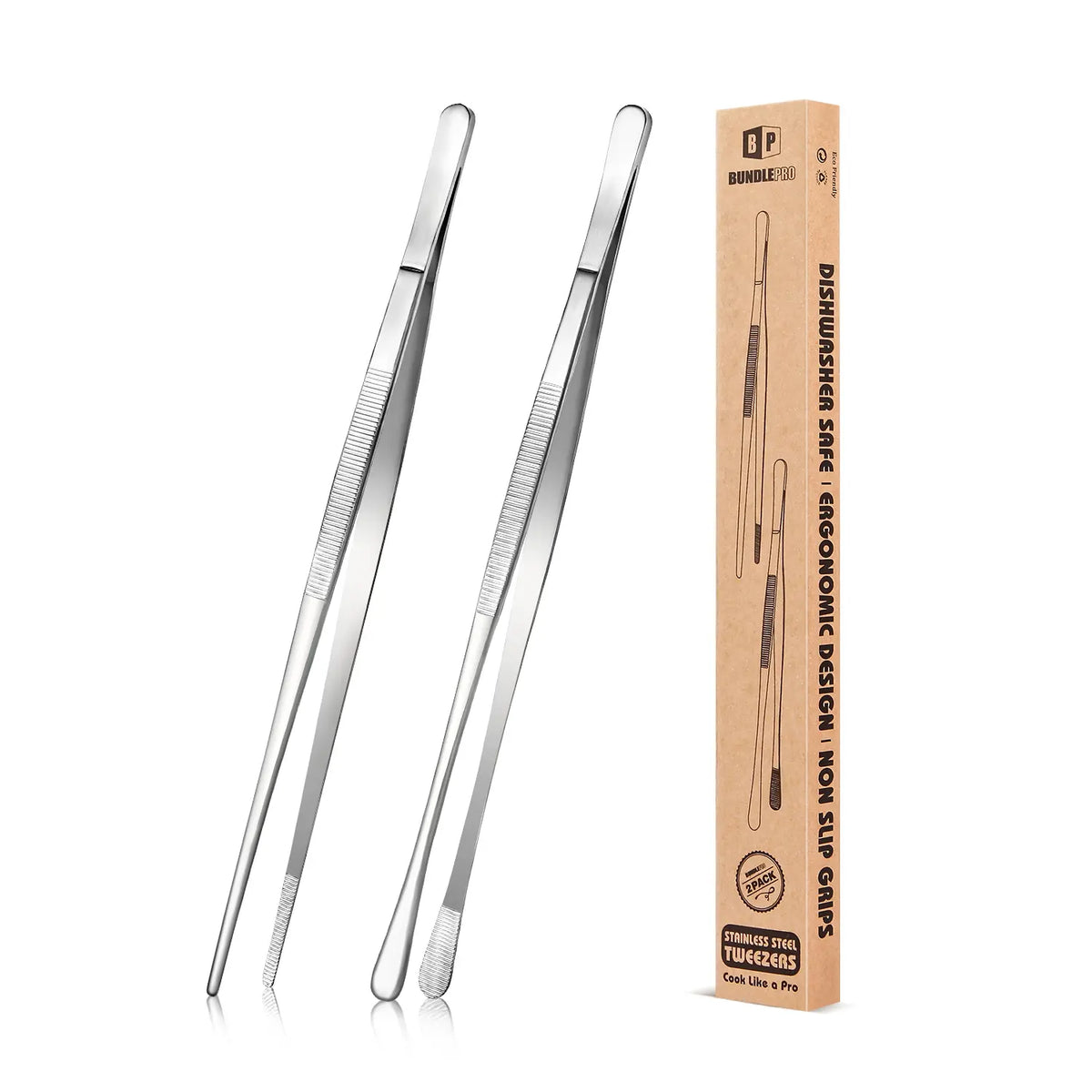 BUNDLEPRO 2-Pcs Sturdy 10 In Stainless Steel Kitchen Tweezers Set - Fine-Tip Tongs, Professional Long Cooking Tweezers for Grill, Round Barbecue Accessories, Girly Kitchenware Utensils