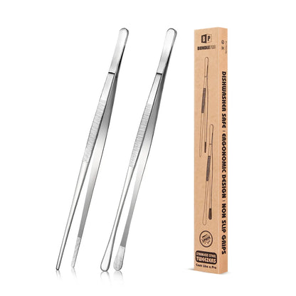BUNDLEPRO 2-Pcs Sturdy 10 In Stainless Steel Kitchen Tweezers Set - Fine-Tip Tongs, Professional Long Cooking Tweezers for Grill, Round Barbecue Accessories, Girly Kitchenware Utensils