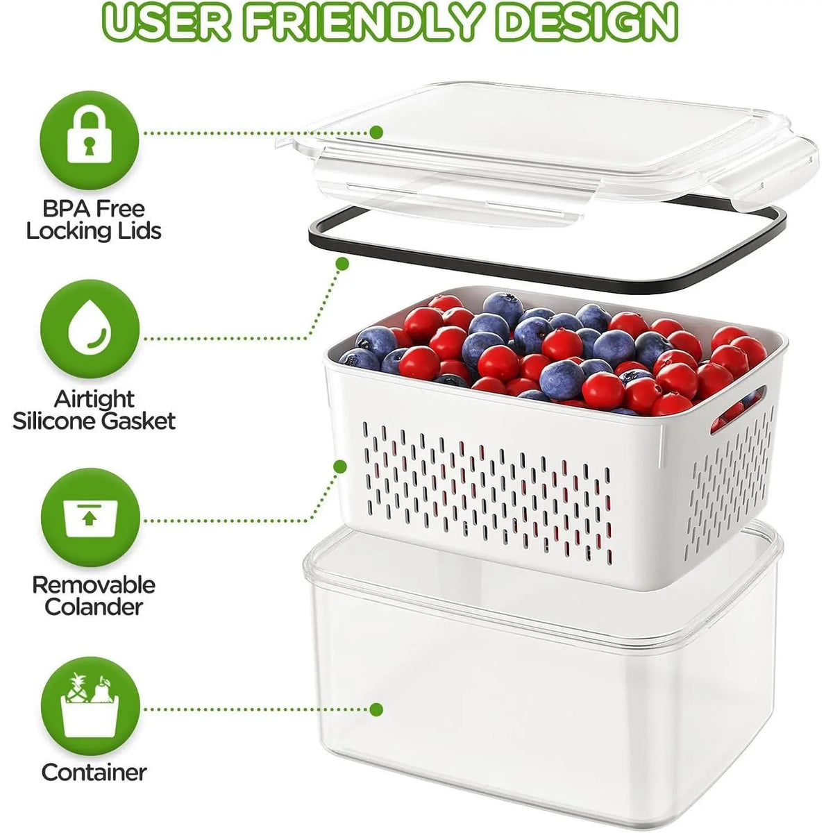 Food Grade PP Washing Basket with Removable Colander Airtight Lid Leakproof Dustproof BPA Free Produce Saver 4PCS 6PCS Set,sohochic