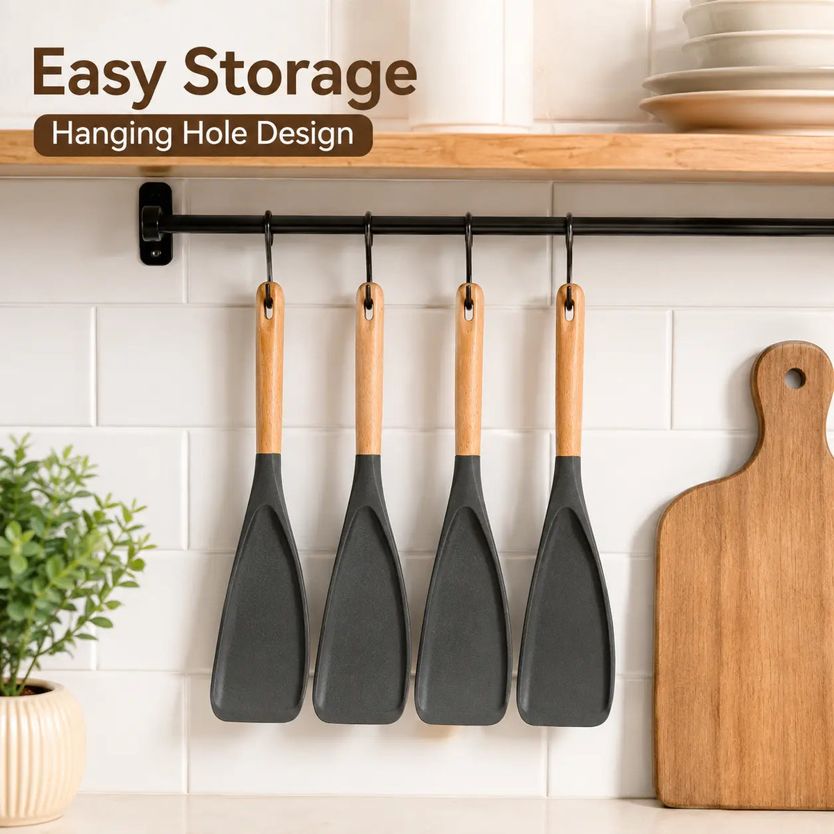 5-Pcs Silicone Spatula Turner Set with Wooden Handle - Nonstick, Heat-Resistant Multifunctional Kitchen Tools with Convenient Hanging Hole, Cookware for Everyday Cooking, Flipping Eggs/Pancakes, Easy Clean Home Supply, Stirring
