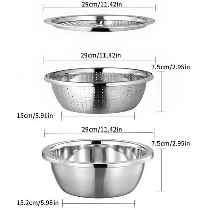【Homeessentials】 Multifunctional cutting machine,3-In-1 Stainless Steel Multi-Functional Strainer Set, Includes Basin/sieve/cutter, Ideal for Washing Rice Fruits Vegetables Kitchen Essentials.,sohochic