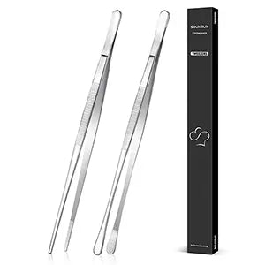 2-Pack 12-in Stainless Steel Precision Serrated-Tip Cooking Tweezers Tongs - Professional Kitchenware Utensils, Metal Grill & Barbecue Accessories for Plating, Serving