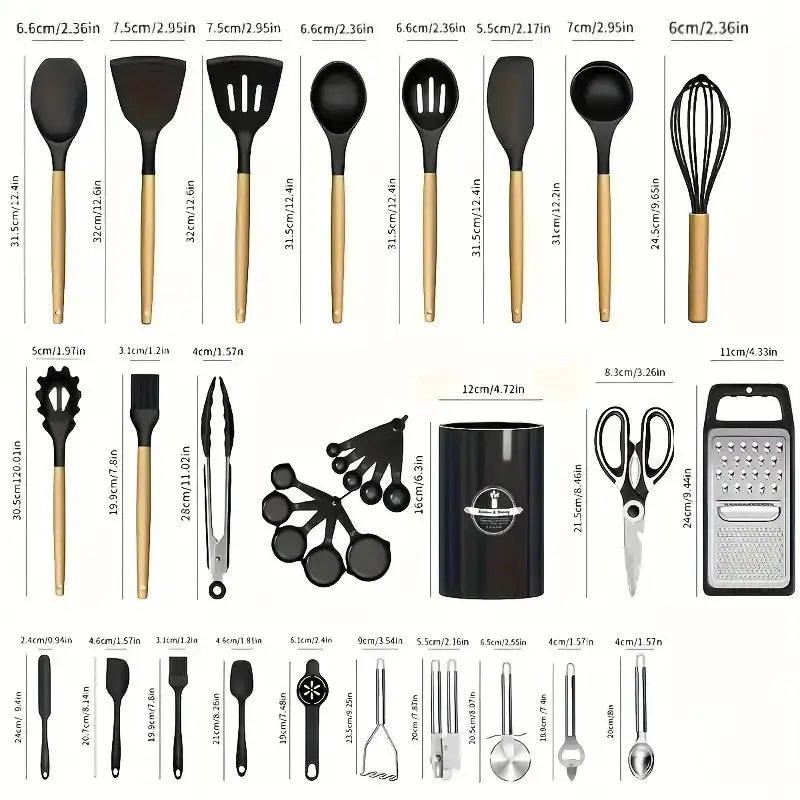 Summerwins 40pc Silicone Kitchen Utensils Set - Durable, Heat-Resistant, Non-Stick Kitchen Cooking Accessories, Black & Gold Heavy-Duty Kitchenware with Nonstick Spatula, Whisk, Grater, Measuring Cups, Cutting Board, Slotted Spoon, Dishwasher Safe