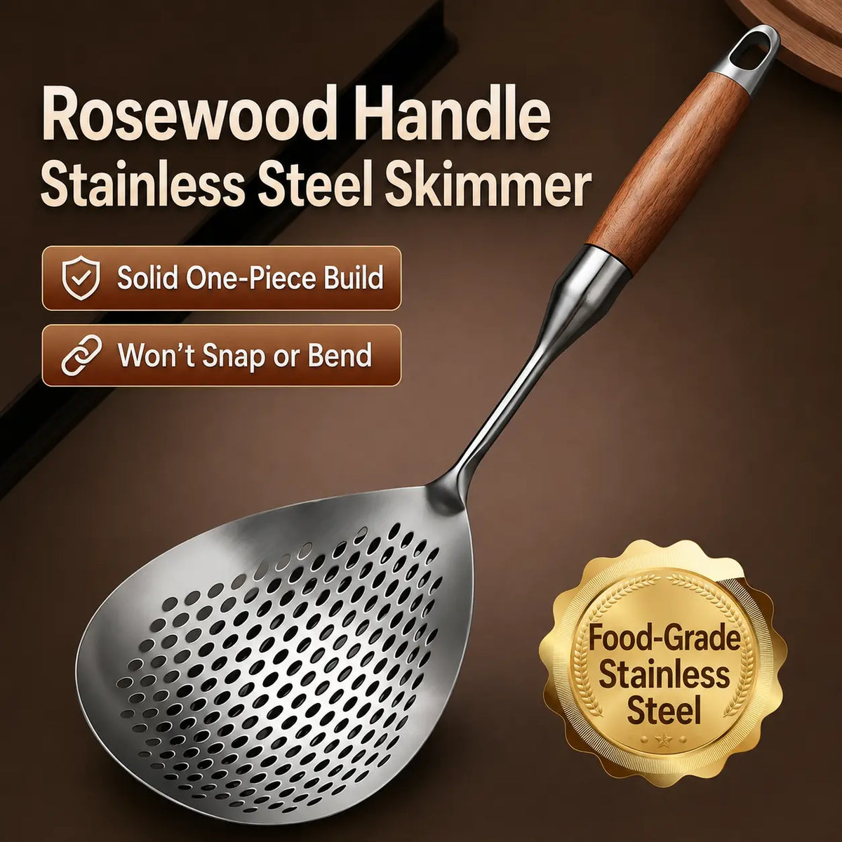 Wooden Handle Stainless Steel Skimmer, Skimmer Slotted Spoon, Ladle Spoon with Heat-Resistant Long Handle, Extra Thick Spider Strainer for Deep Frying, Boiling & Fast Oil Draining