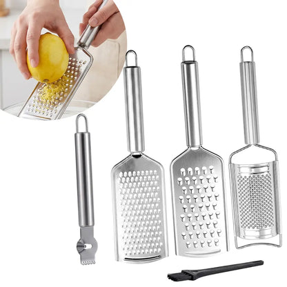 Stainless Steel 5-Piece High-Polish Rust-Resistant Multi-Use Cheese Grater Set - Smooth Modern Cooking Utensils Including Grater, Peeler, Slicer, Lemon Zester, Cleaning Brush for Cabbage, Vegetable Prep,sohochic