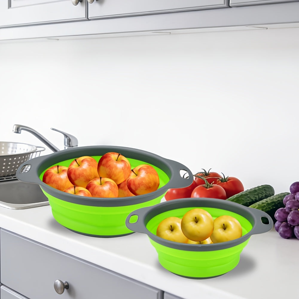 1/2 Set of Round Kitchen Draining Baskets, Foldable Funnel - Includes One Large And One Small, Perfect for Draining Pasta, Vegetables, And Fruits (Green, Red, Blue)