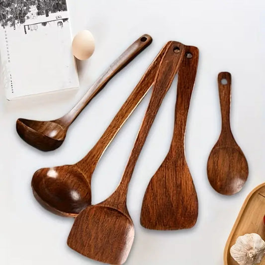 5-Piece Natural Kemu Wood Cookware Utensil Set - Nonstick Skillet-Safe Solid Grain Spoons, Soup Ladle, Wok Spatula, Comfort Grip, Smooth Finish, Durable, Easy to Clean, Non-Toxic Kitchen Tools, Five Pieces