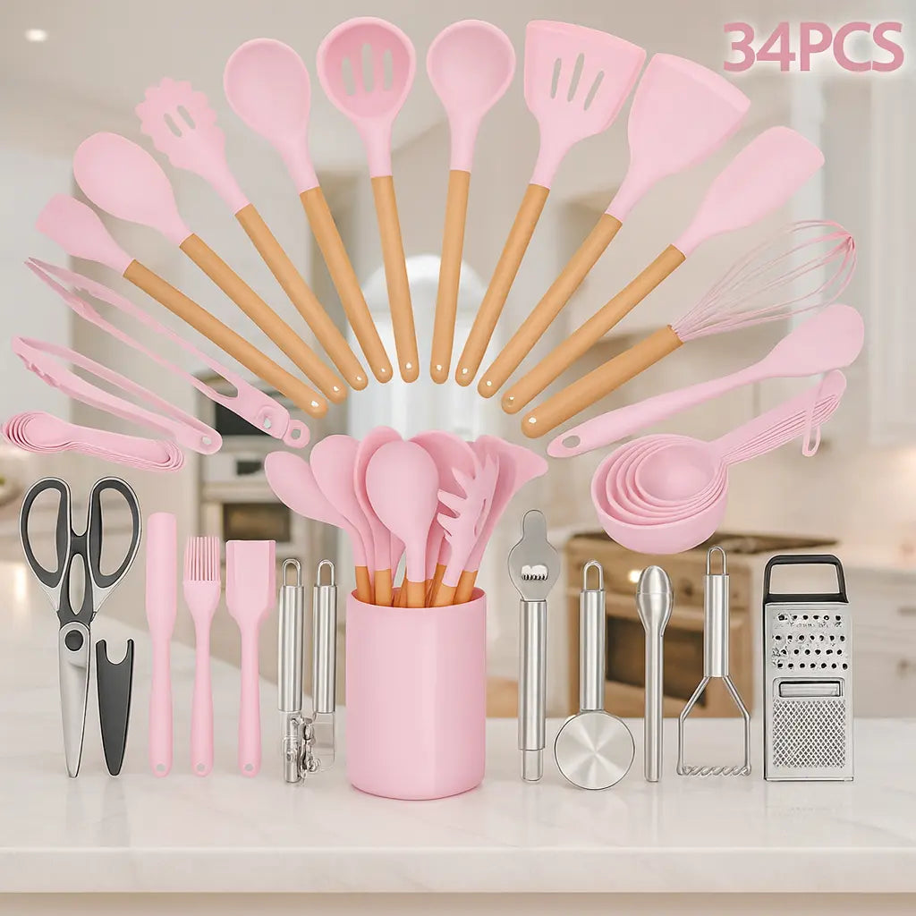 Summerwins 40pc Silicone Kitchen Utensils Set - Durable, Heat-Resistant, Non-Stick Kitchen Cooking Accessories, Black & Gold Heavy-Duty Kitchenware with Nonstick Spatula, Whisk, Grater, Measuring Cups, Cutting Board, Slotted Spoon, Dishwasher Safe