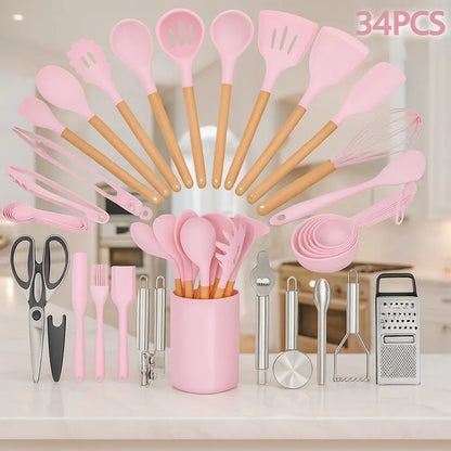Summerwins 40pc Silicone Kitchen Utensils Set - Durable, Heat-Resistant, Non-Stick Kitchen Cooking Accessories, Black & Gold Heavy-Duty Kitchenware with Nonstick Spatula, Whisk, Grater, Measuring Cups, Cutting Board, Slotted Spoon, Dishwasher Safe