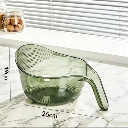 Rice Washer Strainer Bowl with Fine Side Drain Holes, Long Handle Clear Rice Rinsing Basket for Rice, Quinoa, Lentils, Beans, Fruit and Vegetables, 10.2 x 7.5 in, Bonus Cleaning Sponge