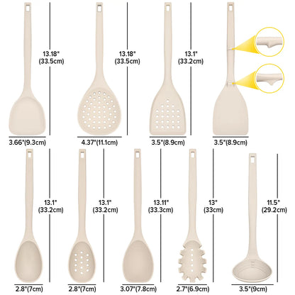 BUNDLEPRO 9-Piece Silicone Cooking Set - Heat Resistant, BPA Free Kitchen Utensils Gadgets with Hanging Back Hooks, Ladle, Spatulas, Spoons, Skimmer, Stirring Tools, Pasta Fork for Non-Stick Cookware