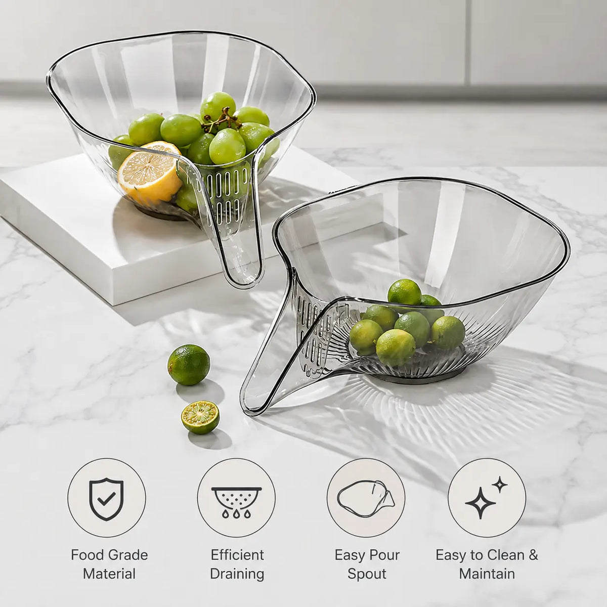 1-Count Transparent Drain Colander Basket - Kitchen Strainer Utensils with Pour Spout, Stable Flat Base, Holes for Washing Fruits, Making Salad - Essential Kitchen Supplies,sohochic