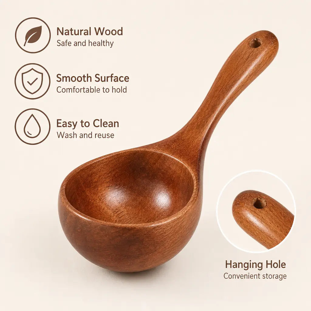 2-Count Solid Wood Soup Ladle Kitchen Utensil Set, Cooking Tool Spoon with Smooth Surface, Natural Grain, Large Deep Bowl & Hanging Hole for Noodles, Daily Dining Use