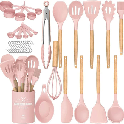 Kitchen Cooking Utensils Set, 33 pcs Non-stick Silicone Spatula Set with Holder Handle Heat Resistant Gadgets Utensil High quality