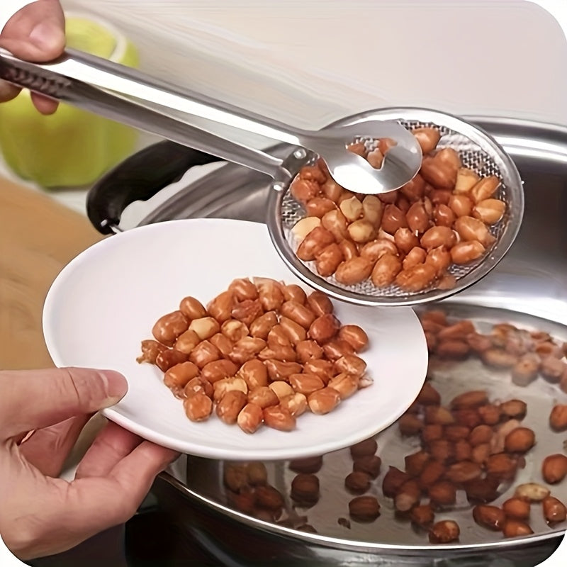 Stainless Steel Kitchen Tongs with a Built-in Strainer Design, Offering Versatile Frying Food Filtration Functionality. This High-temperature Heat-resistant Cooking Tool Is Suitable for Oil Separation and Food Serving. Usable in All 4 Seasons