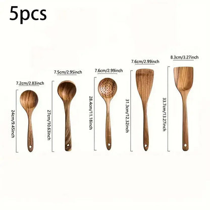 5-Piece Premium Acacia Wood Kitchen Utensils Set - Ergonomic Handles, Natural Eco-Friendly, Includes Solid Spoon, Tablespoon, Sauté Turner, Ladle, Heat-Resistant, Easy-to-Clean, Durable Kitchen Accessories for Non-Stick Pans (Home Gift), Wooden Cooking Ut