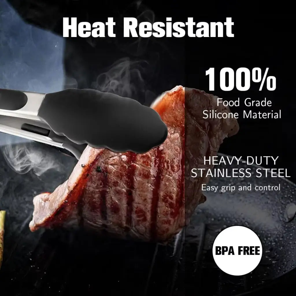 Stainless Steel Silicone Kitchen Tongs for Cooking, Serving Food, Salad, Bbq, Grill, Pan Protecting Tong with Silicone Tip, Heat Resistant airfryer accessories, 7" 9" & 12 inch, Set of 3, Black