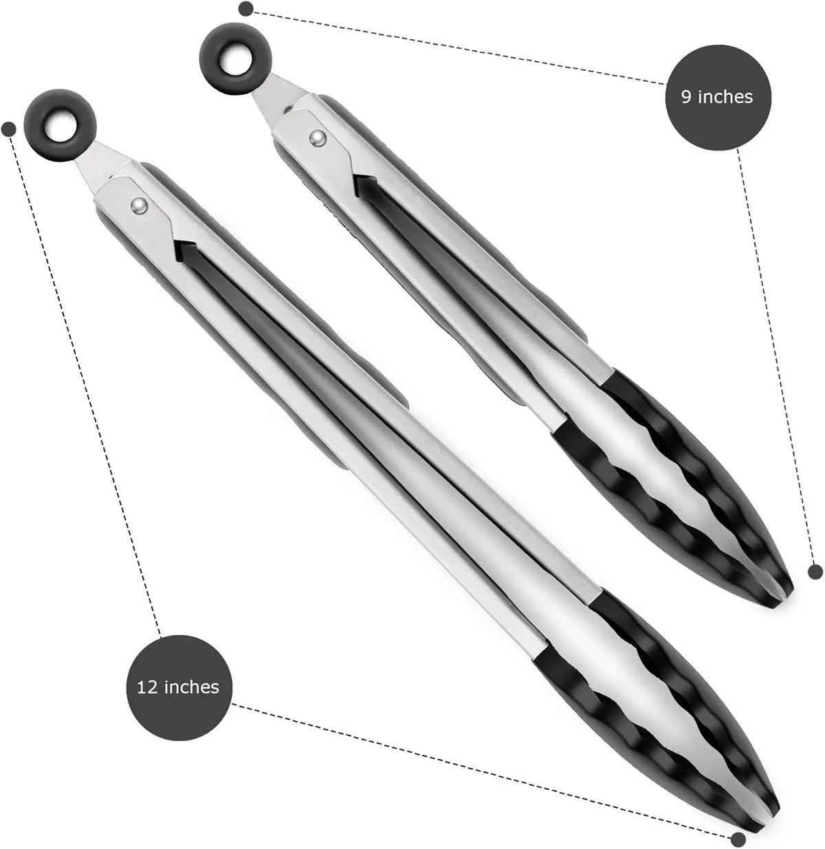 Kitchen Tongs with Silicone Tips - Stainless Steel tongs for cooking - 9" and 12" Tongs With Silicone Rubber Non Slip Grips, Heat Resistant Metal Tongs.