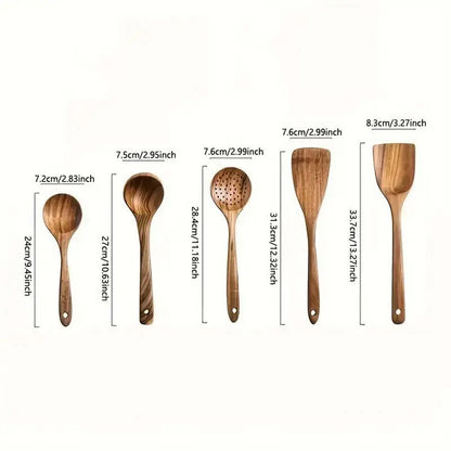 5Pcs Solid Wood Kitchen Utensil Set - Heat-Resistant Ergonomic Wooden Cooking Tools (Spatula, Slotted Turner, Ladle, Serving Spoon) - Durable Easy-Clean for Non-Stick Cookware, Eco-Friendly Home Kitchen Party Gift Accessory, Five Pieces